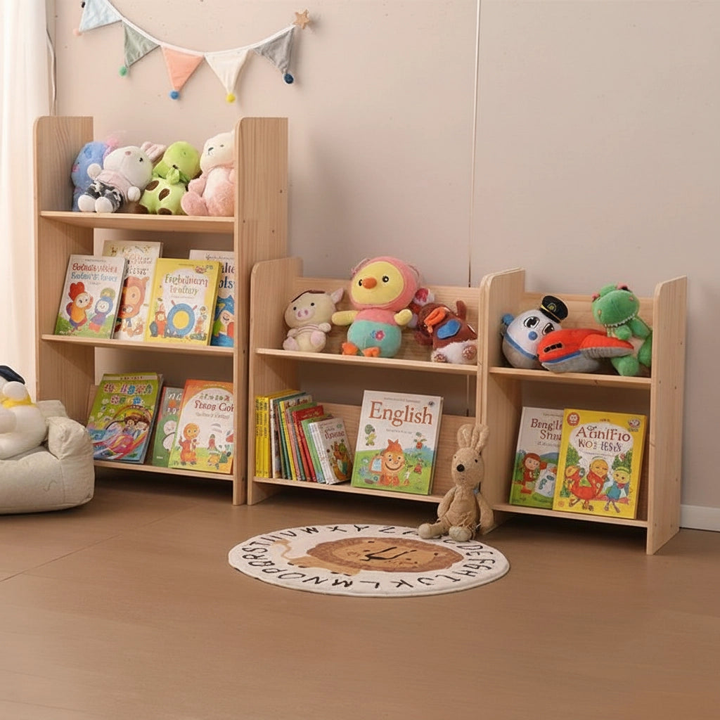 Stepped modular configuration of the solid pine kids bookshelves holding colorful plush toys