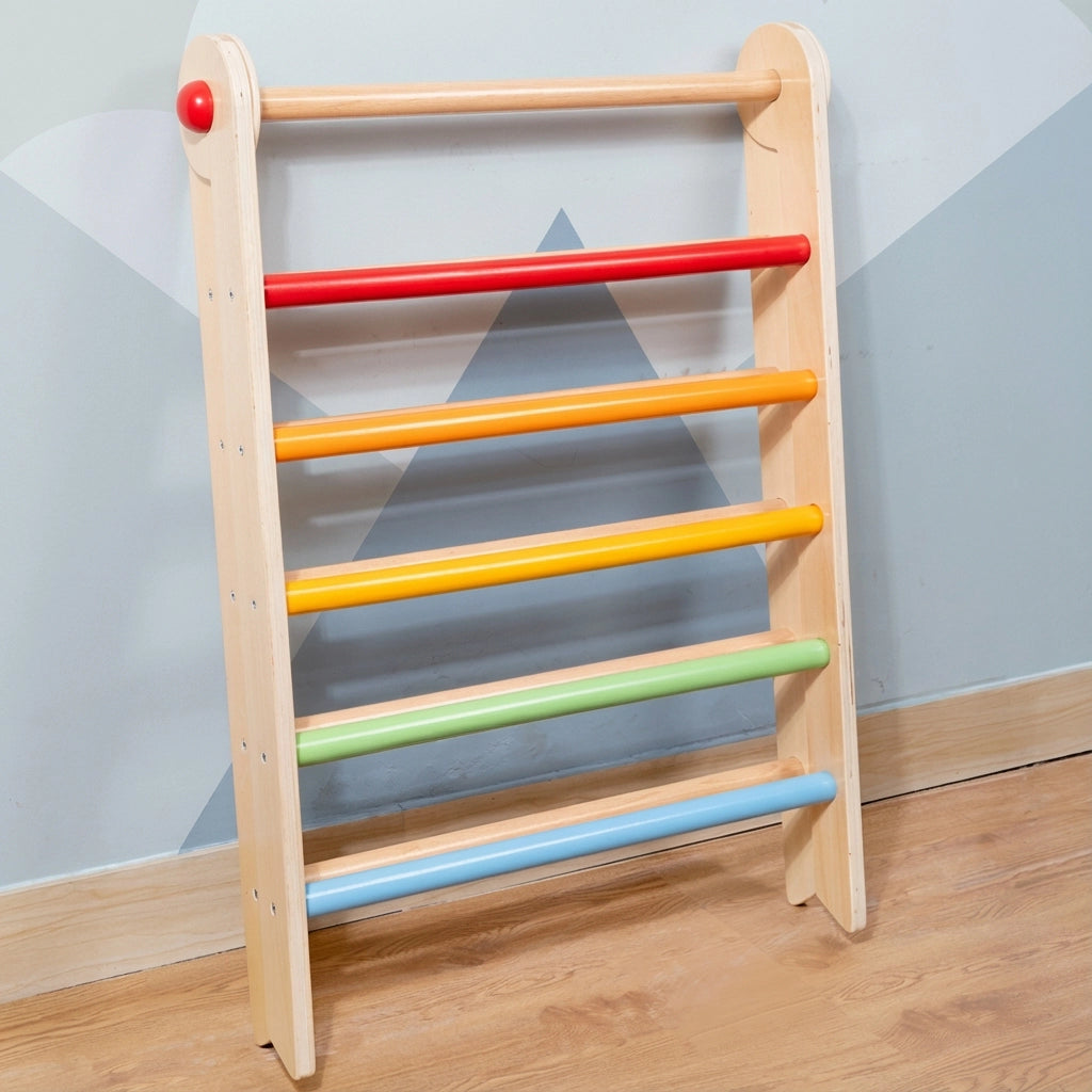 Folded plywood Montessori climbing triangle leaning vertically against a wall for compact storage