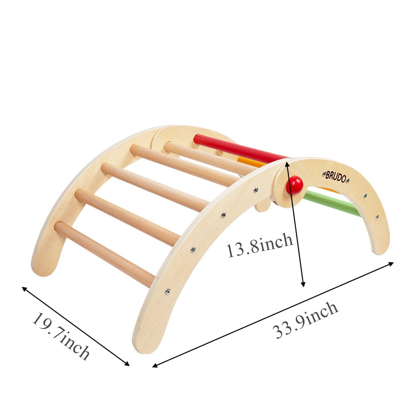 Plywood toddler climbing arch measuring 33.9 inches long, 19.7 inches wide, and 13.8 inches high