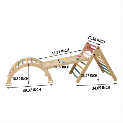 Plywood Montessori toddler climbing set with rainbow rungs, displaying complete dimensions for the triangle climber, rock ramp, and arch rocker