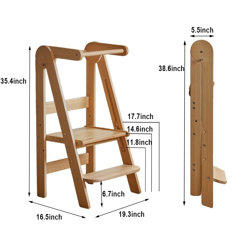 Dimension chart for the foldable toddler standing stool indicating open and folded measurements in inches