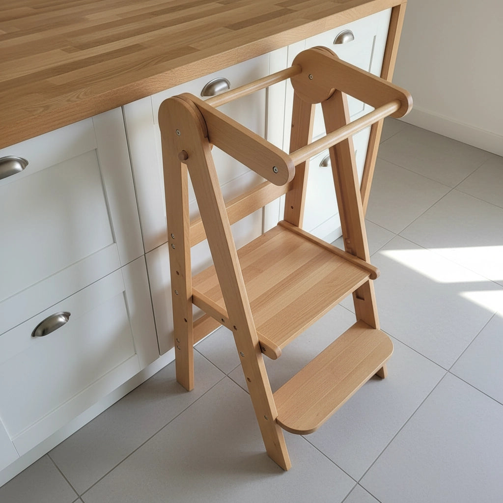 High-angled view of a solid beech wood toddler standing stool next to a white kitchen counter