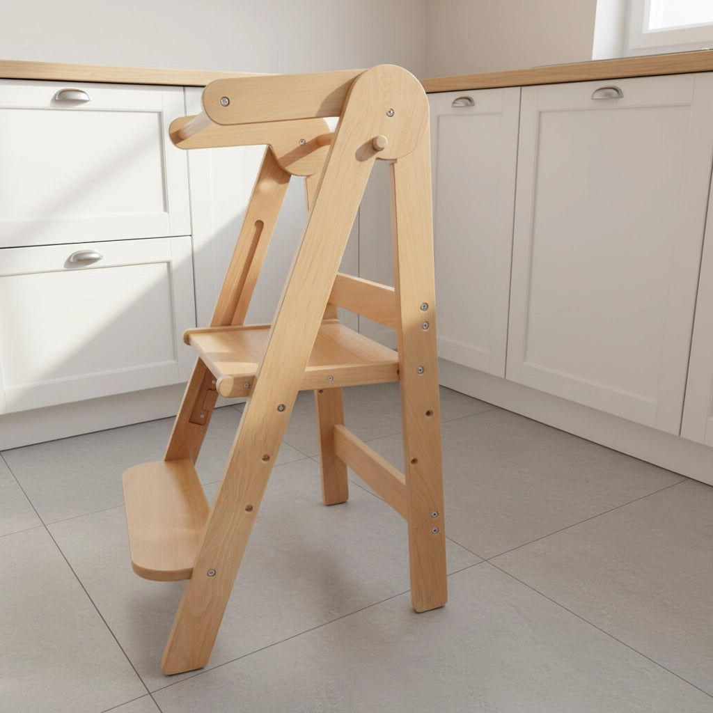 Side view of an open solid beech wood Montessori standing stool in a bright kitchen area