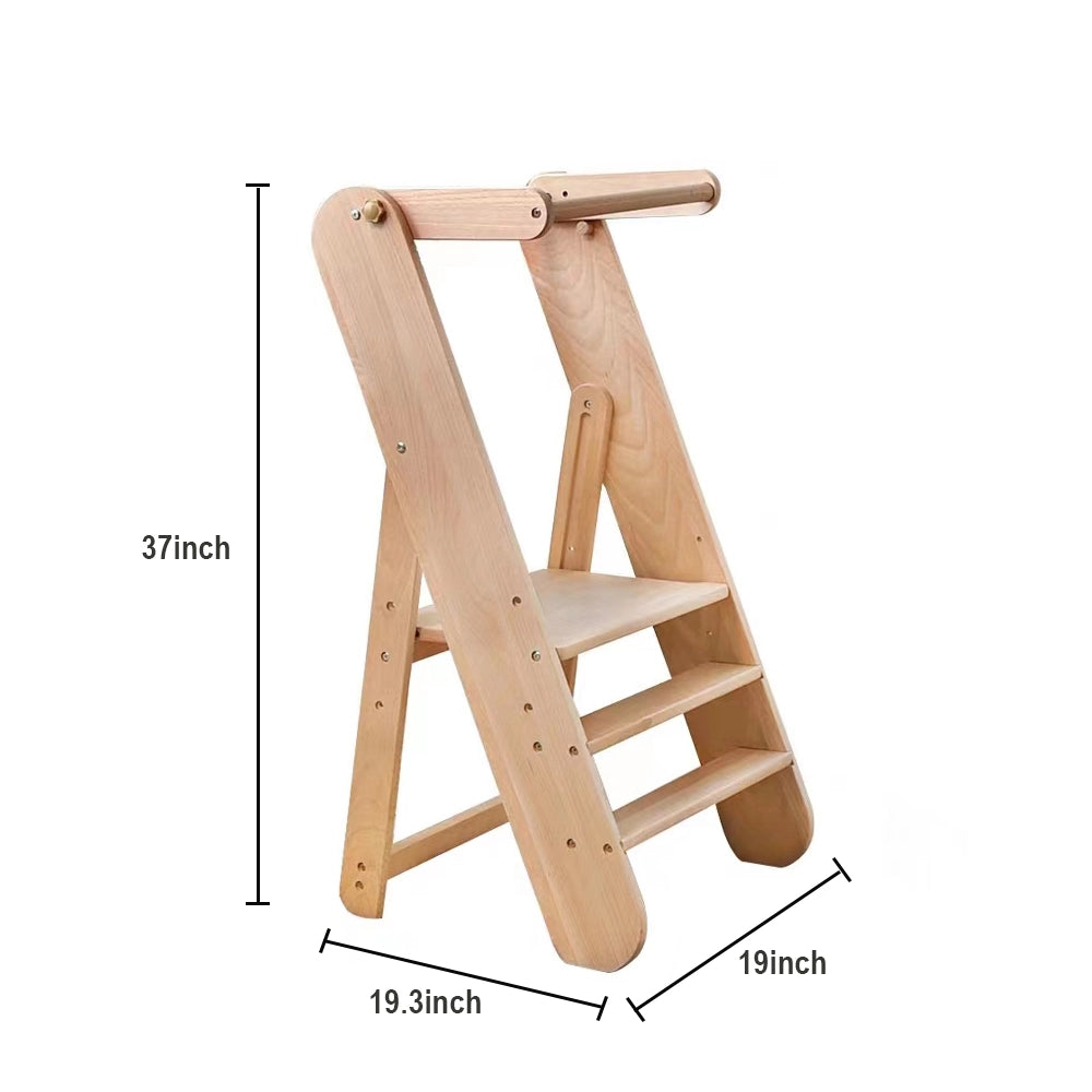 Wooden toddler step stool measuring 19.3 inches wide, 19 inches deep, and 37 inches high