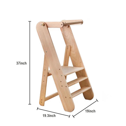 Wooden toddler step stool measuring 19.3 inches wide, 19 inches deep, and 37 inches high