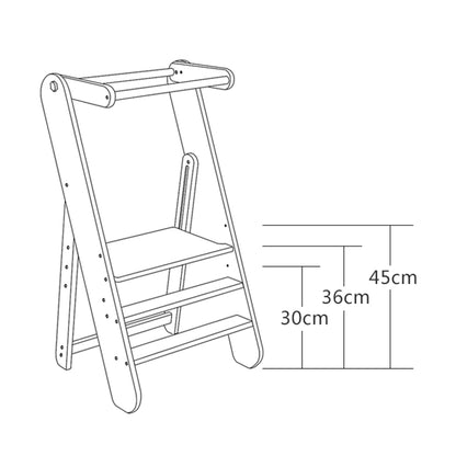 Line drawing diagram showing the three adjustable step heights at 30 cm, 36 cm, and 45 cm