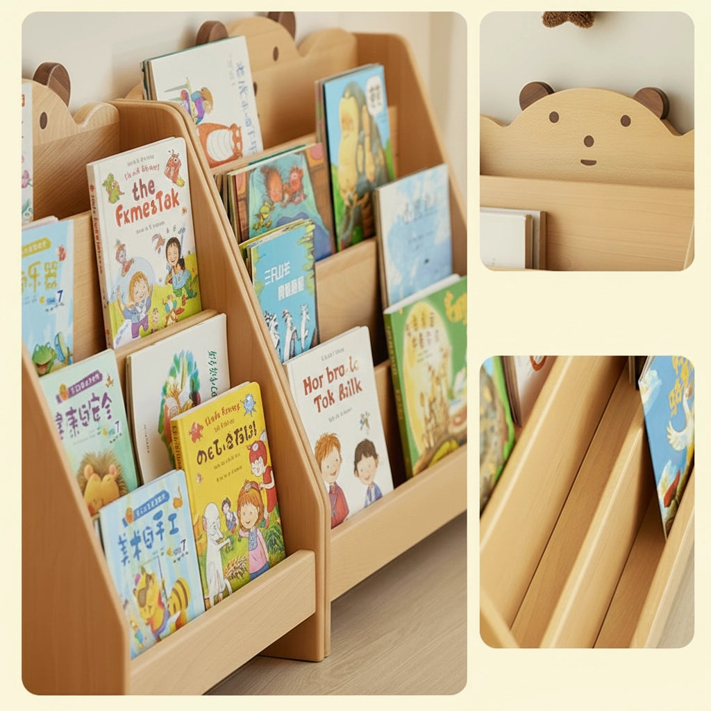 Multi-panel detail collage showing a bear bookshelf filled with books, the bear face top, and internal storage rows
