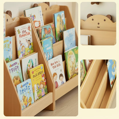 Multi-panel detail collage showing a bear bookshelf filled with books, the bear face top, and internal storage rows
