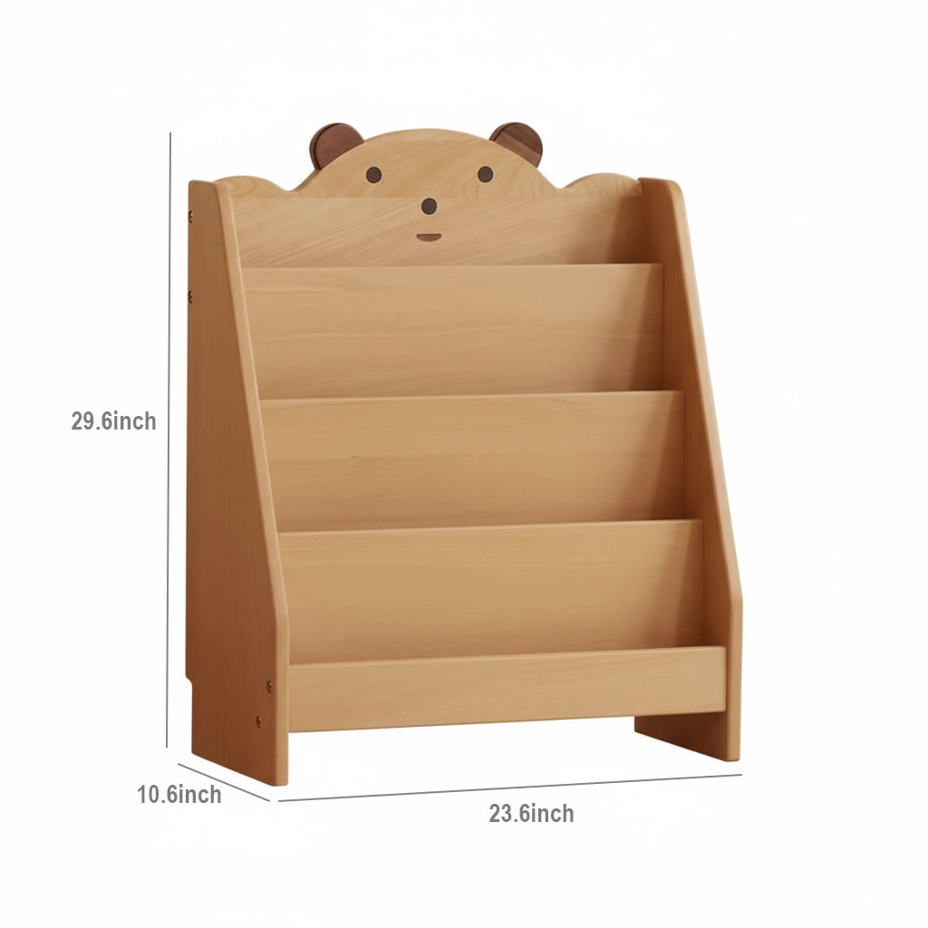 Four-tier narrow bear bookshelf dimension chart showing 23.6 inches wide, 10.6 inches deep, and 29.6 inches high