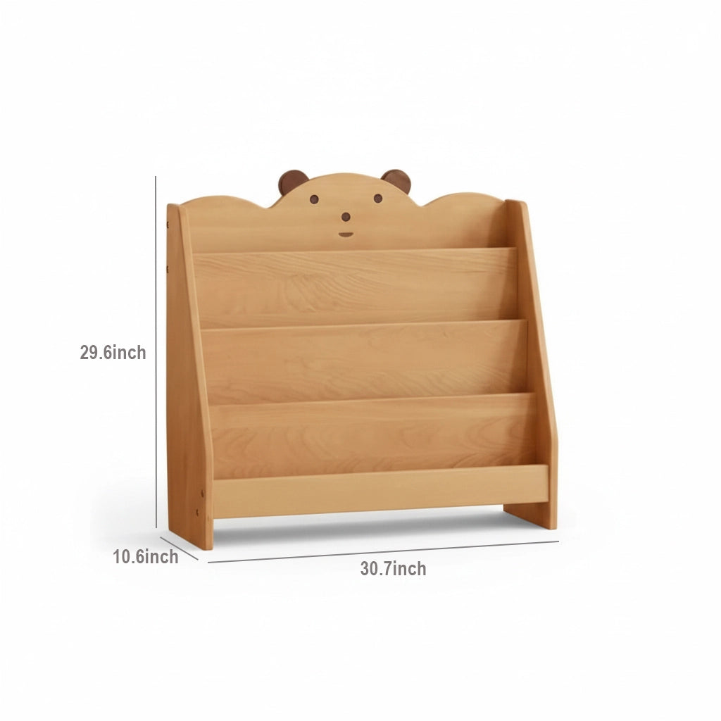 Four-tier wide bear bookshelf dimension chart showing 30.7 inches wide, 10.6 inches deep, and 29.6 inches high