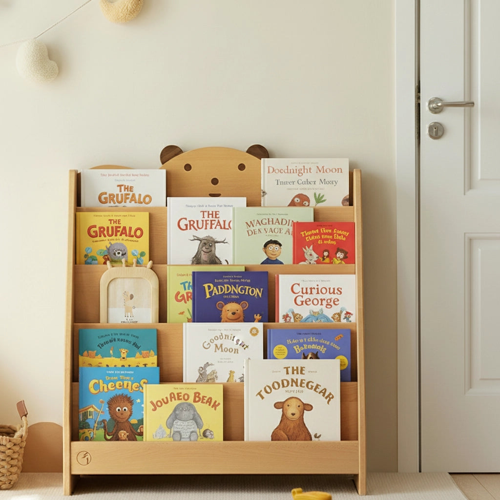 Front view of a solid beech wood Montessori bear bookshelf filled with picture books next to a white door