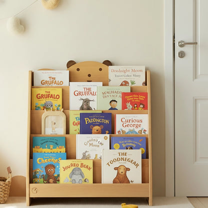 Front view of a solid beech wood Montessori bear bookshelf filled with picture books next to a white door