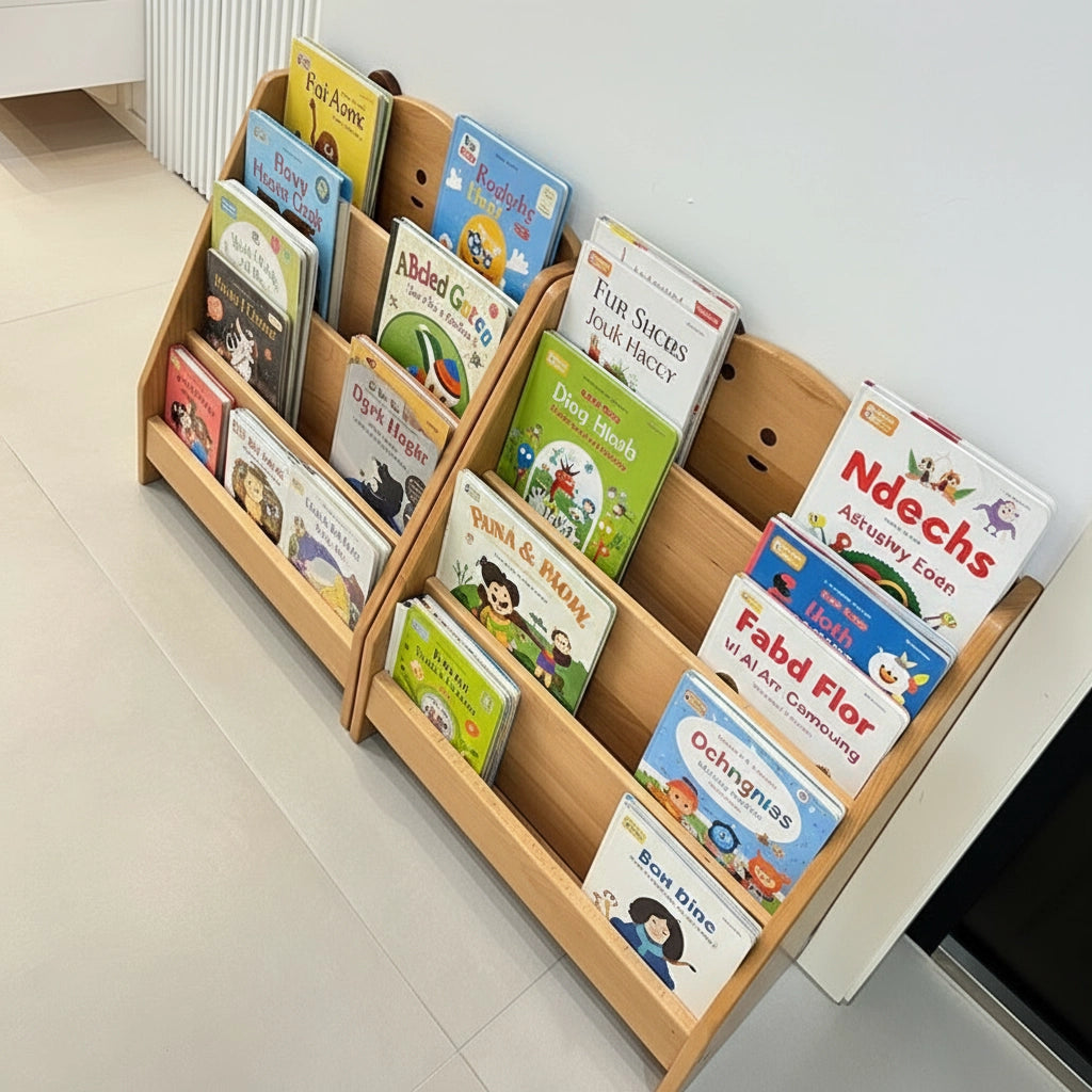 High-angled view of two solid beech wood bear bookshelves filled with illustrated books on a light floor