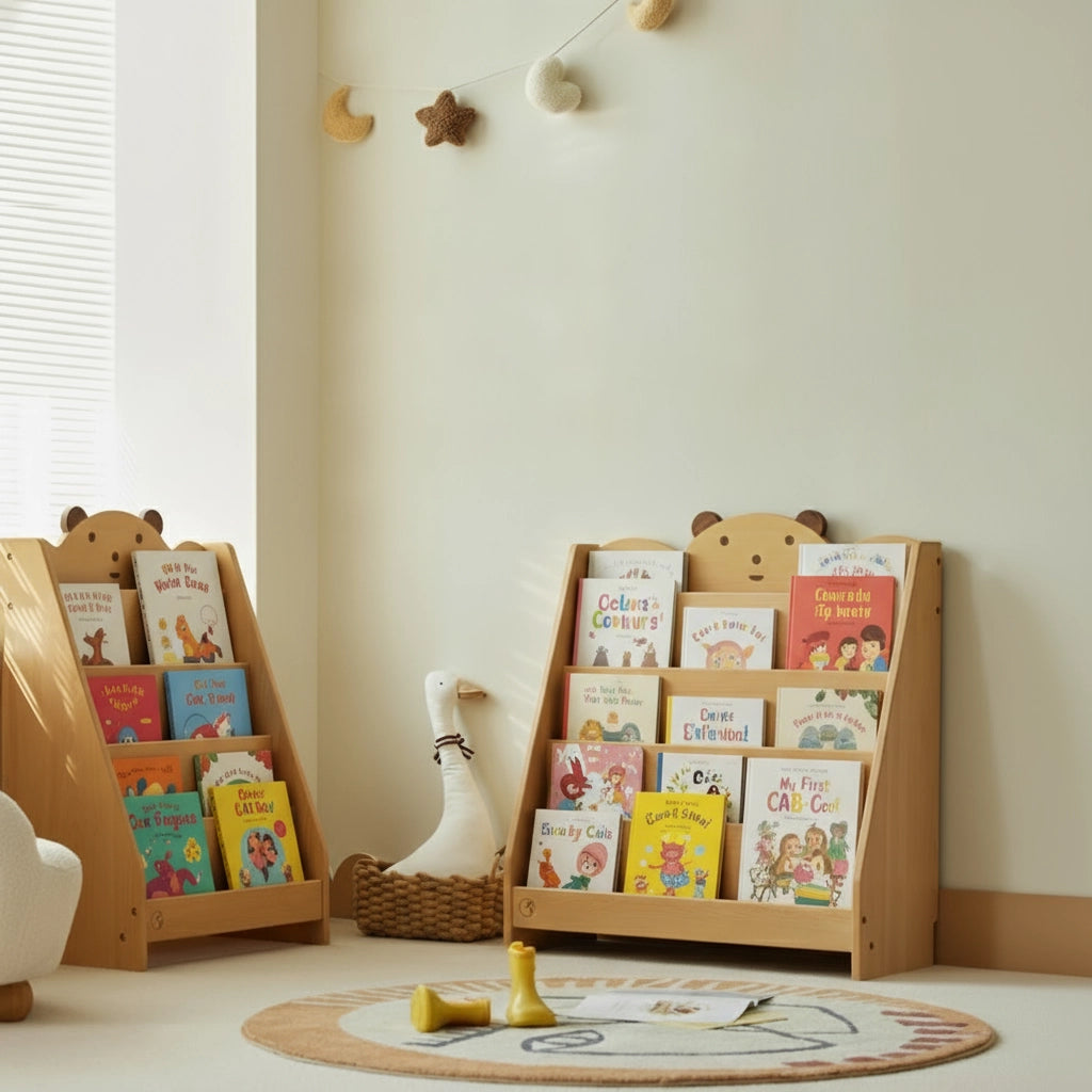Playroom view of two front-facing bear bookshelves holding colorful books on a round rug near a plush goose toy