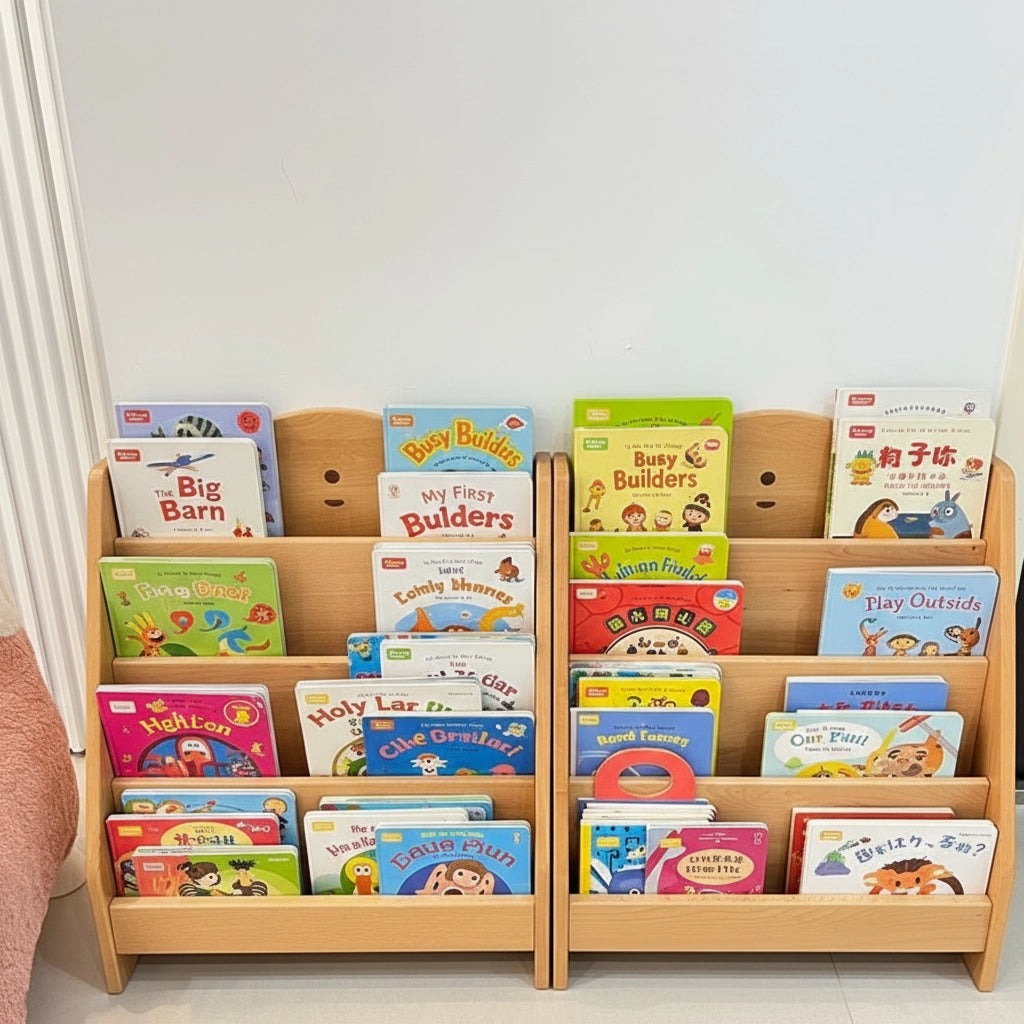 Front view of two modular bear bookshelves positioned side by side and filled with children's picture books