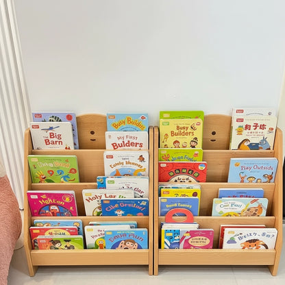Front view of two modular bear bookshelves positioned side by side and filled with children's picture books