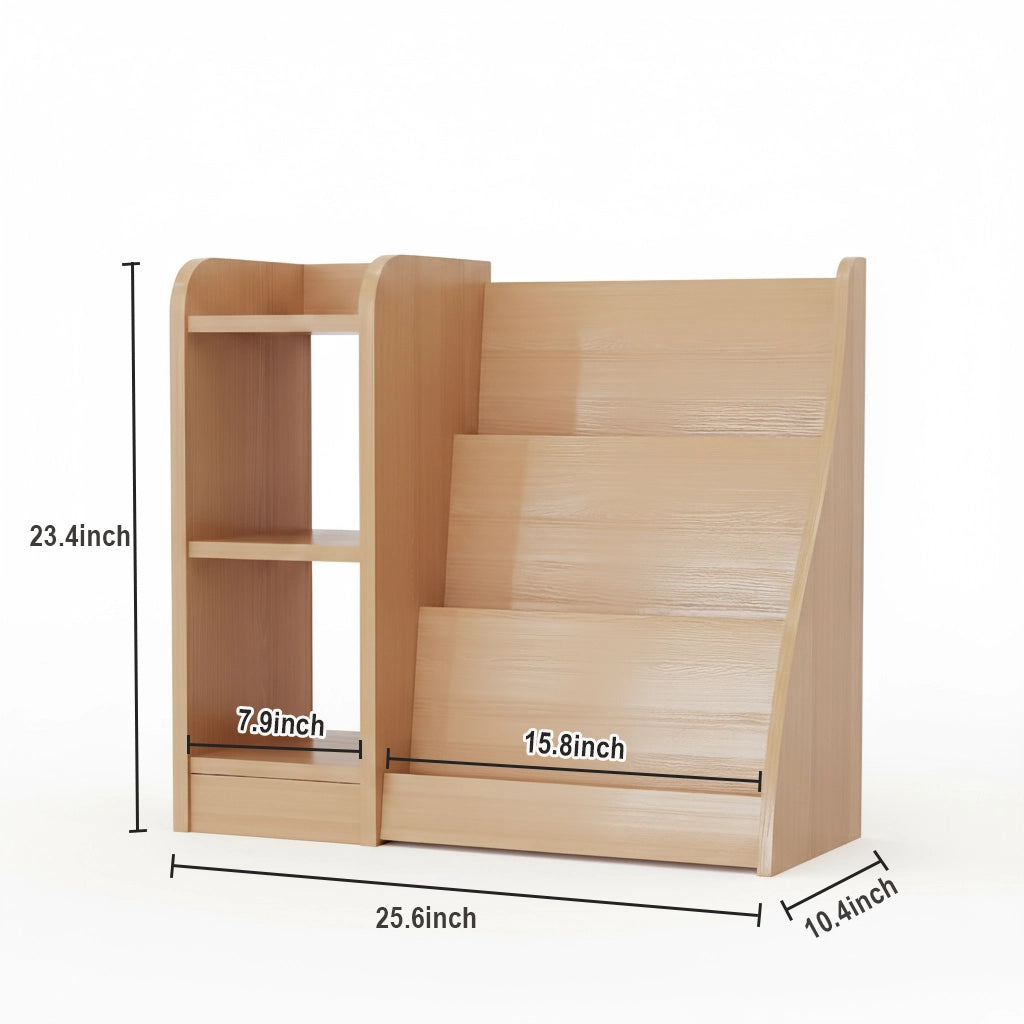 Empty children's book display with dimensions measuring 25.6 inches wide, 10.4 inches deep, and 23.4 inches high