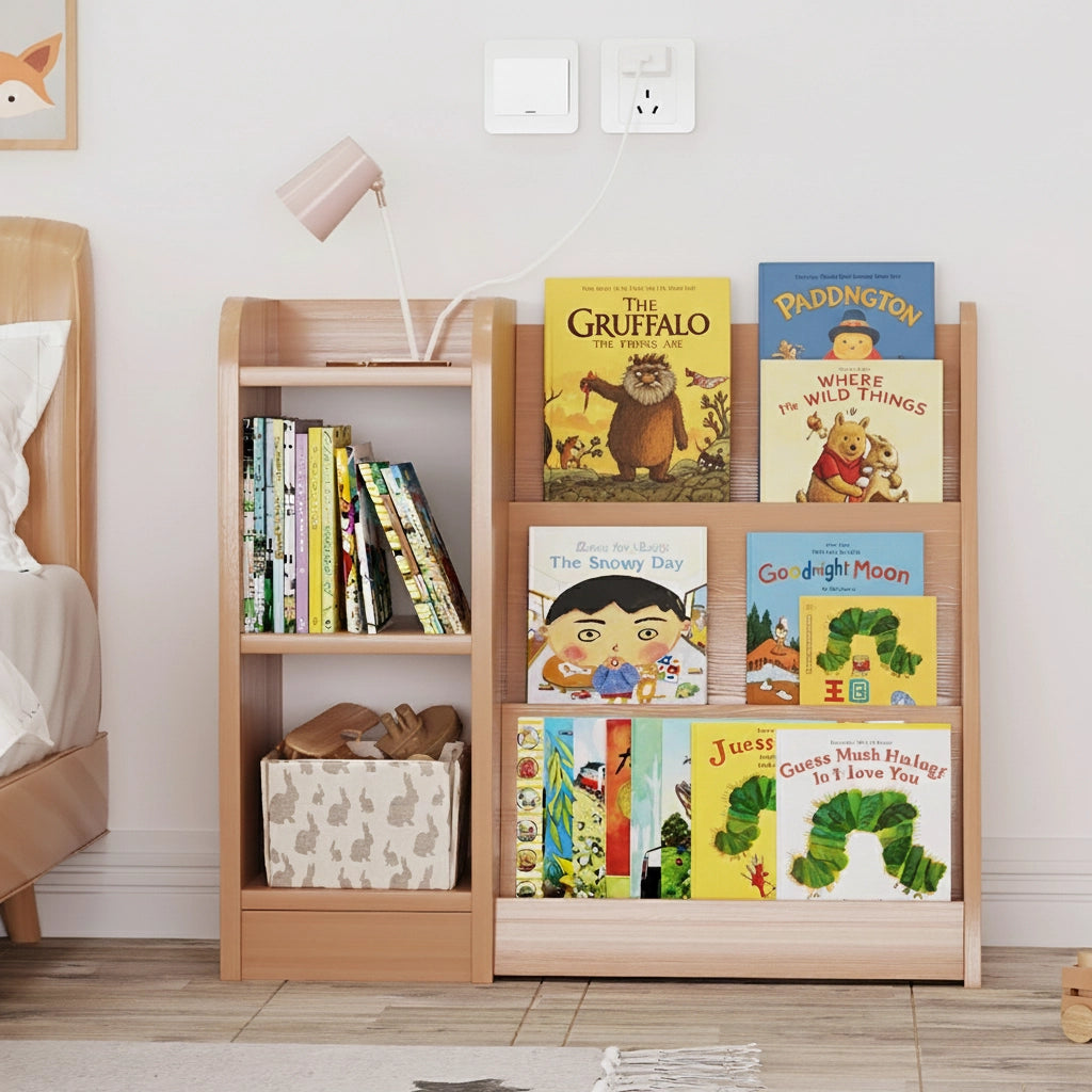 Front view of a pine-core engineered wood Montessori book display holding colorful picture books