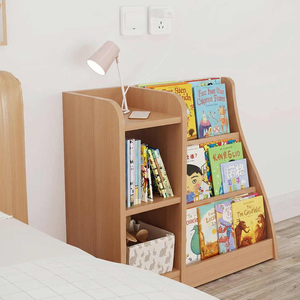 Side-angled view focusing on the side storage shelves and tiers of the children's book display unit