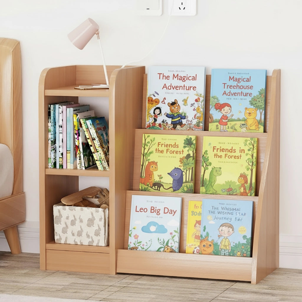 Three-quarter view of a pine-core engineered wood Montessori book display filled with children's books