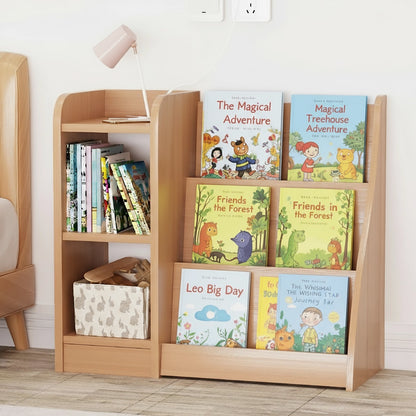 Three-quarter view of a pine-core engineered wood Montessori book display filled with children's books