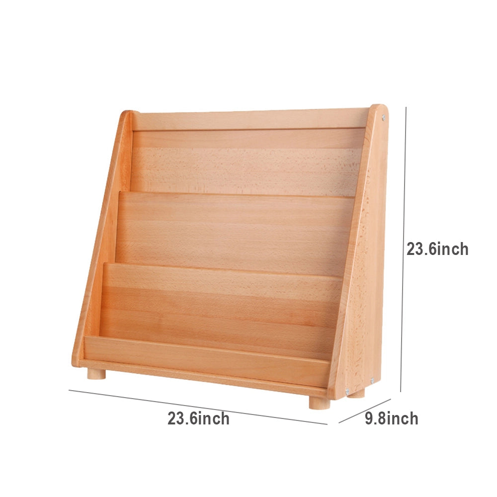 Solid beech wood book rack dimension diagram showing 23.6 inches wide, 9.8 inches deep, and 23.6 inches high