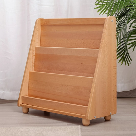 Right-angled view of an empty solid beech wood Montessori book rack with three storage tiers