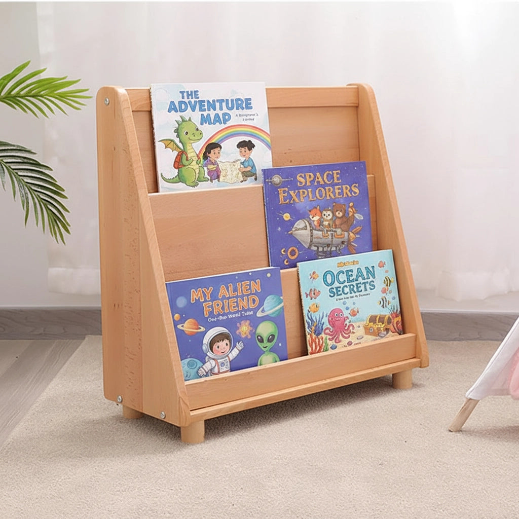 Angled view of a solid beech wood Montessori book rack displaying colorful children's picture books in a room