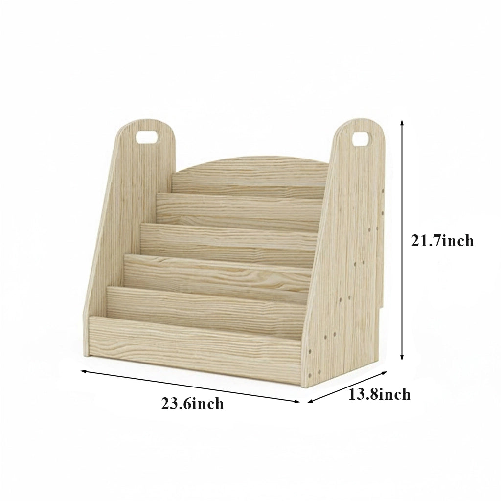 Empty solid pine book rack measuring 23.6 inches wide, 13.8 inches deep, and 21.7 inches high