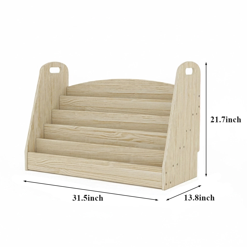 Empty solid pine book rack measuring 31.5 inches wide, 13.8 inches deep, and 21.7 inches high