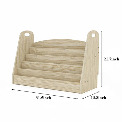 Empty solid pine book rack measuring 31.5 inches wide, 13.8 inches deep, and 21.7 inches high