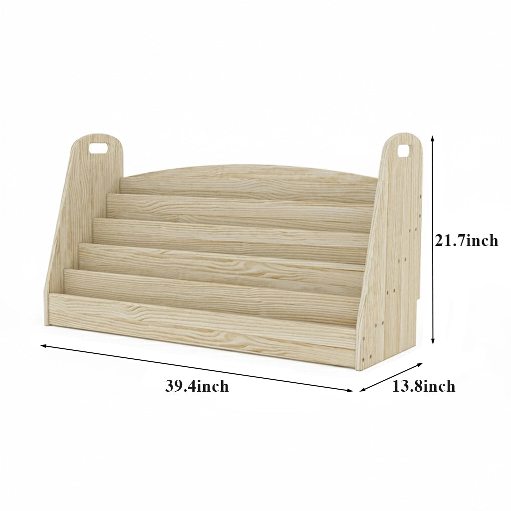 Empty solid pine book rack measuring 39.4 inches wide, 13.8 inches deep, and 21.7 inches high