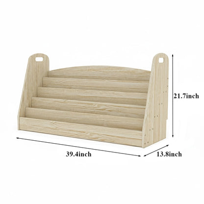 Empty solid pine book rack measuring 39.4 inches wide, 13.8 inches deep, and 21.7 inches high