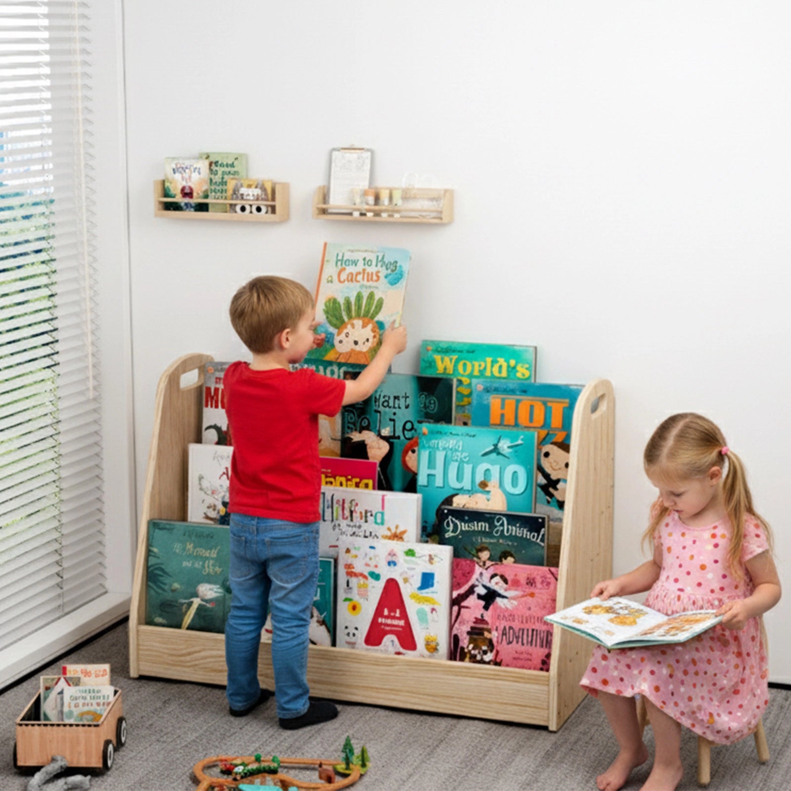 A boy choosing a book from the solid pine book rack while a girl sits nearby reading a picture book