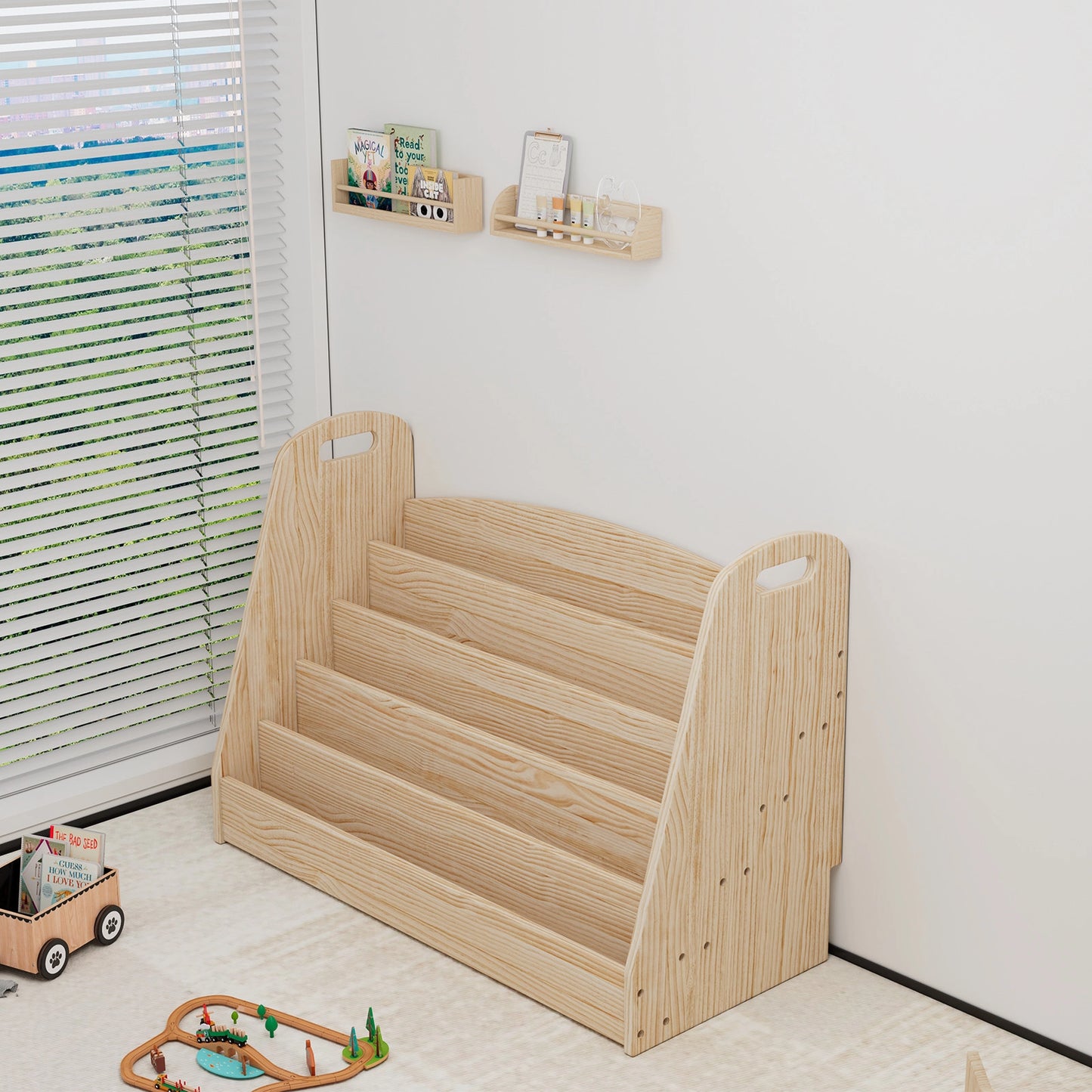 Angled view of an empty solid pine front-facing book rack showcasing natural wood grain on a light rug