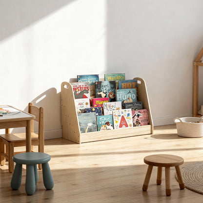 Alternate angled view of the wooden Montessori book rack with kids' books near small stools and a basket
