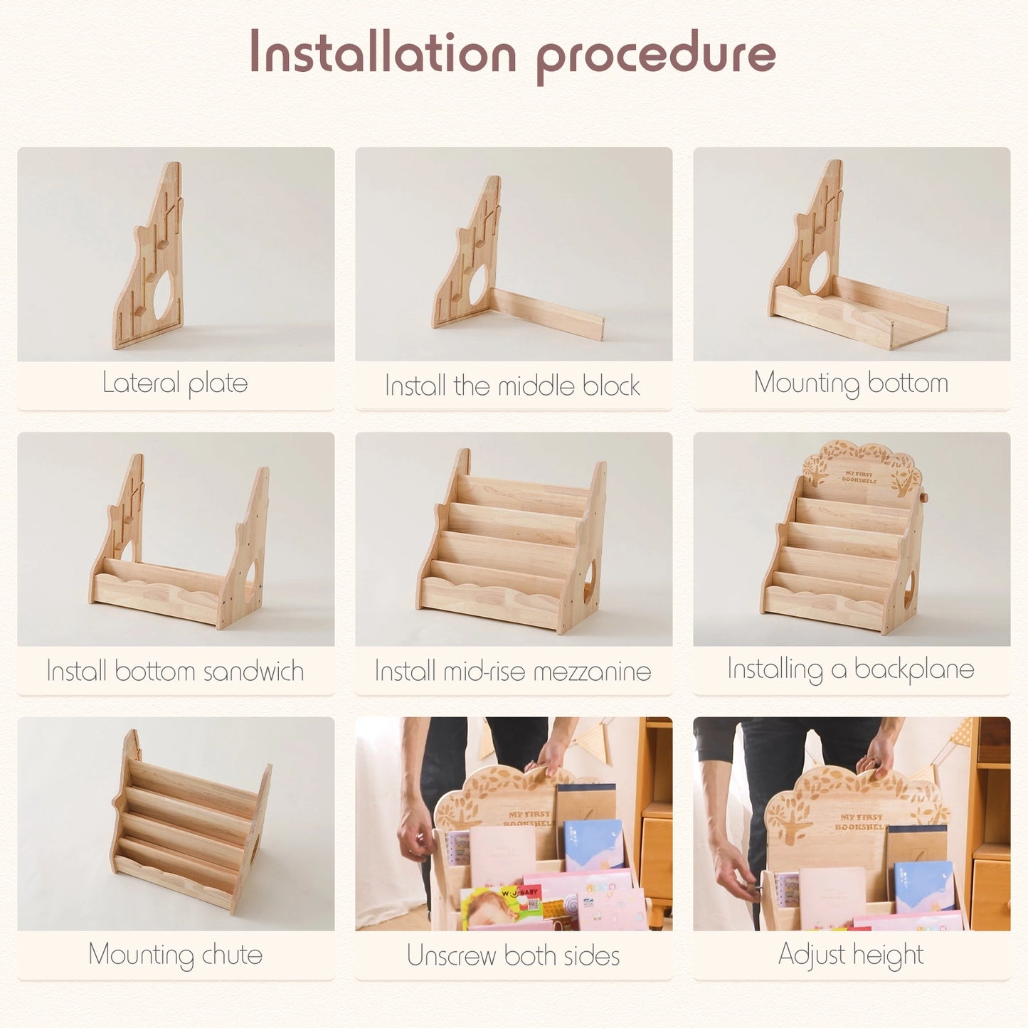 Infographic step-by-step assembly guide for the front-facing kids bookshelf
