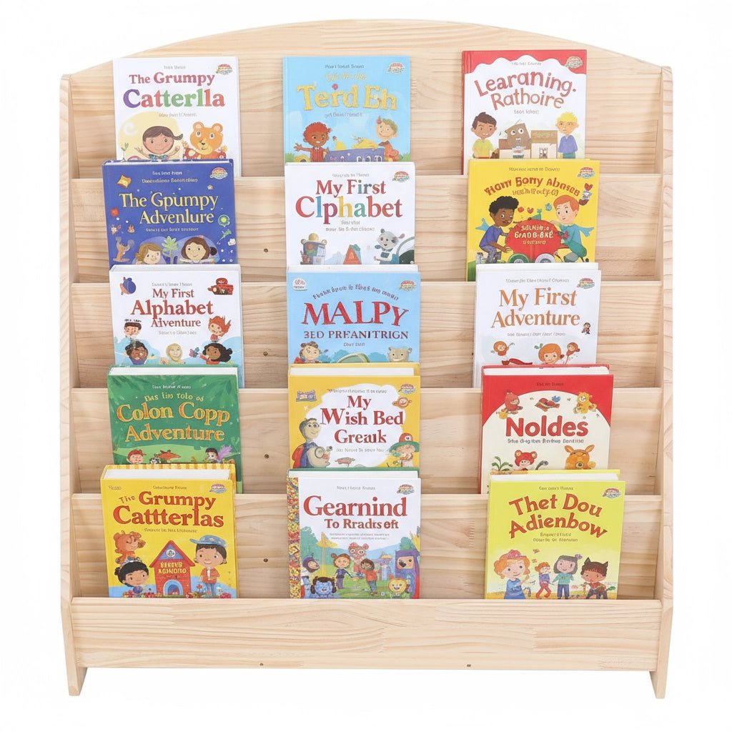 Front view of a solid pine Montessori bookshelf displaying rows of colorful children's picture books