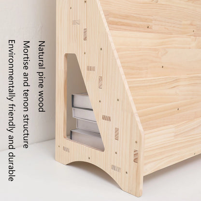 Detail view of the mortise and tenon wood joints on the side panel of the solid pine kids bookshelf