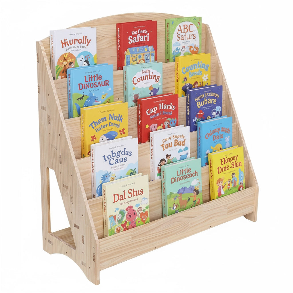 Three-quarter view of a solid pine Montessori bookshelf filled with children's books on a white background