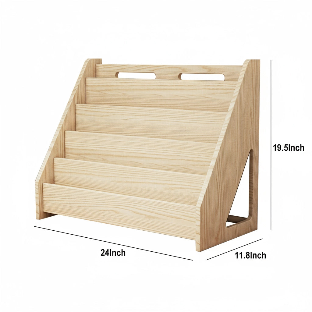 Empty solid pine toddler bookshelf measuring 24 inches wide, 11.8 inches deep, and 19.5 inches high