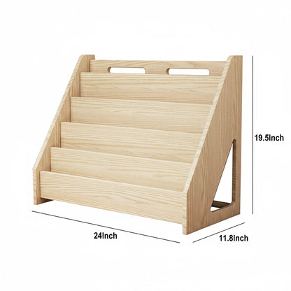 Empty solid pine toddler bookshelf measuring 24 inches wide, 11.8 inches deep, and 19.5 inches high