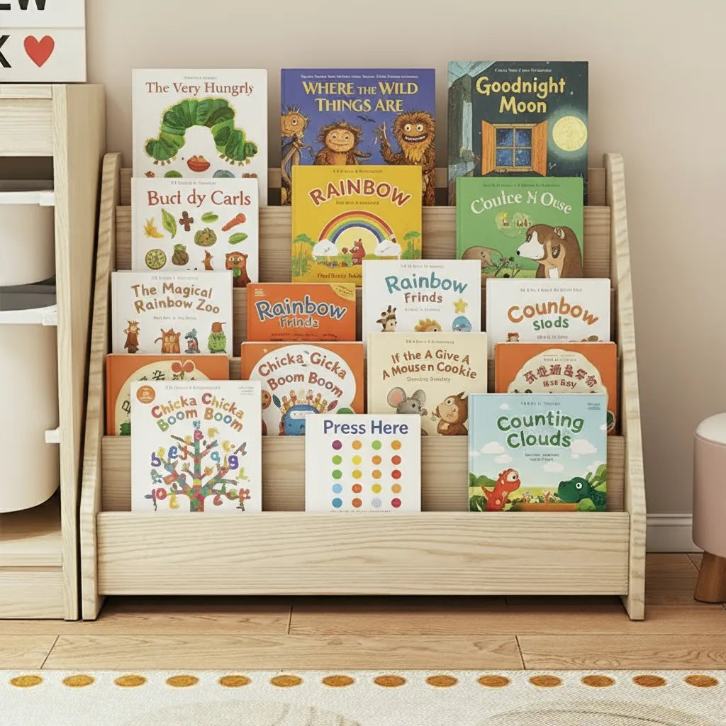 Front view of a Montessori toddler bookshelf with books arranged across four tiers