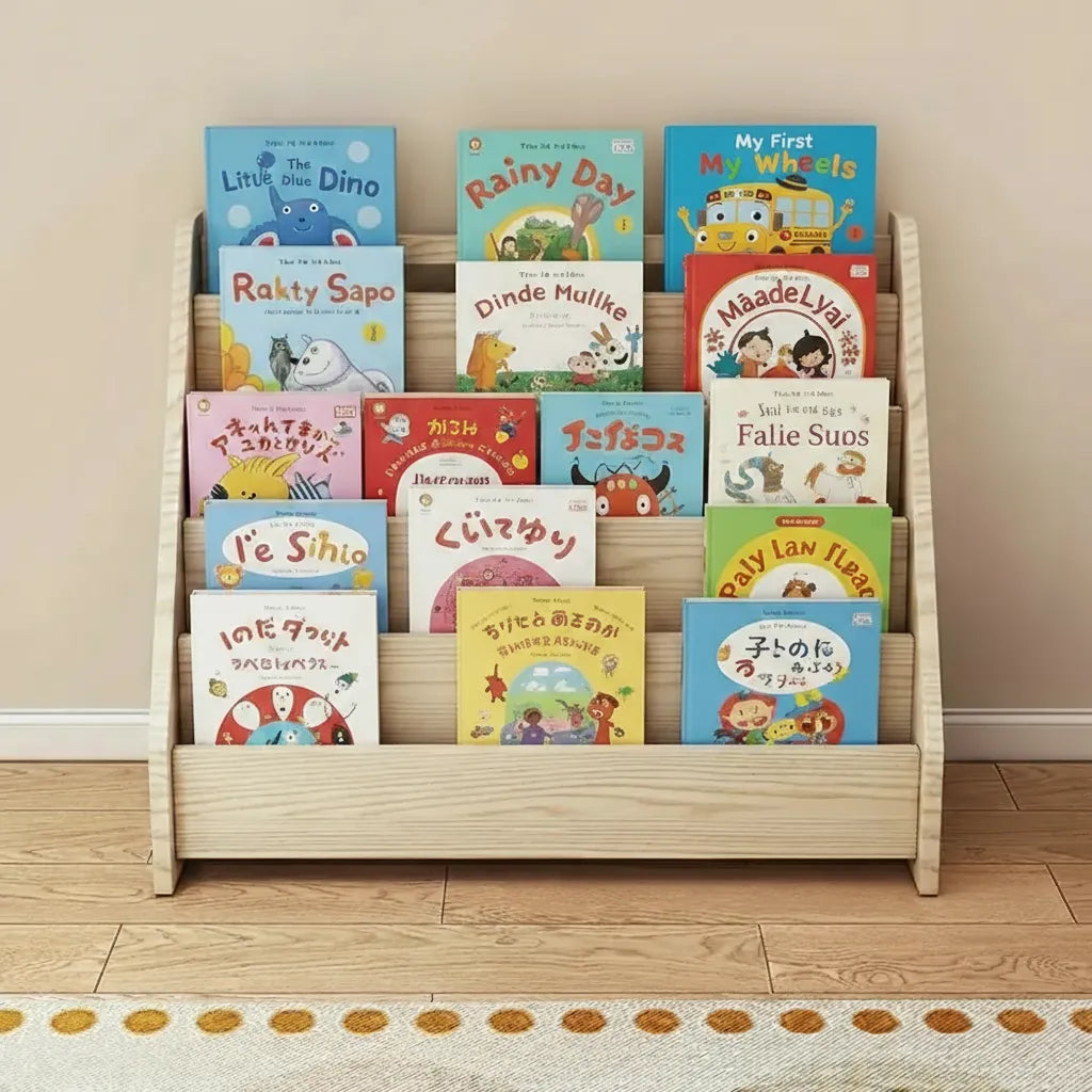 Front view of a solid pine Montessori toddler bookshelf displaying colorful children's books