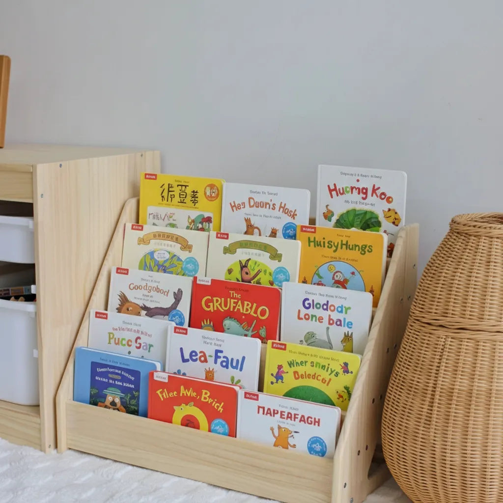 Side-angled view of a toddler bookshelf filled with books beside a tall woven basket