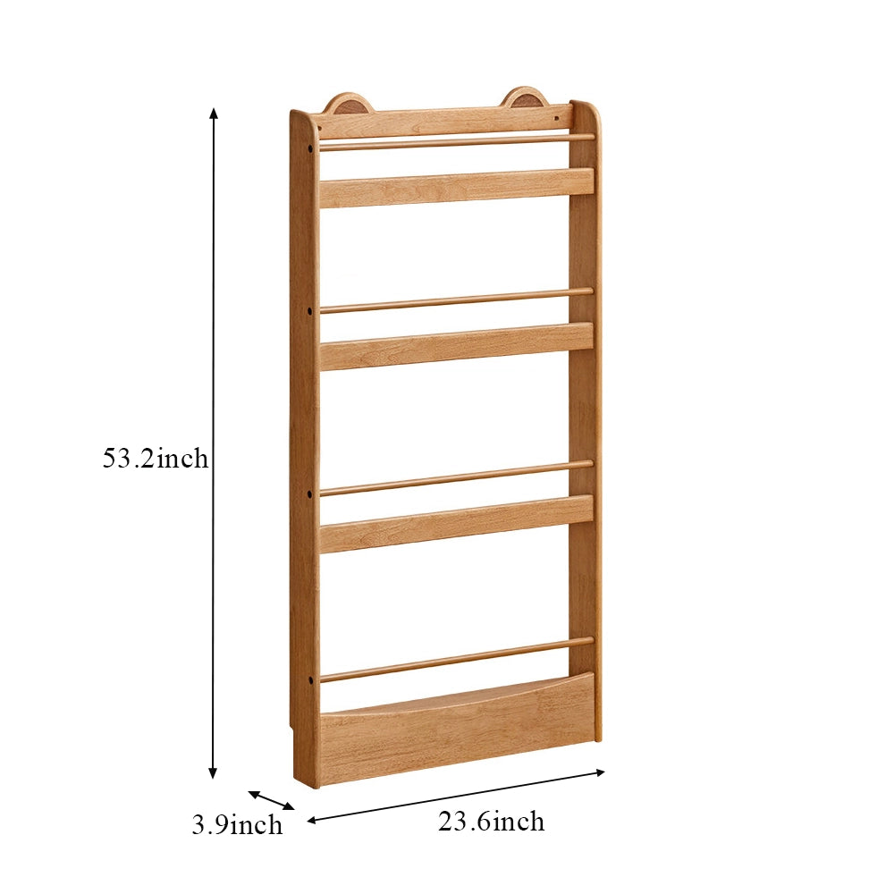 Dimensions of a 4-tier rubberwood bookshelf measuring 23.6 inches wide, 3.9 inches deep, and 53.2 inches high