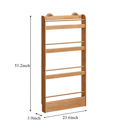 Dimensions of a 4-tier rubberwood bookshelf measuring 23.6 inches wide, 3.9 inches deep, and 53.2 inches high