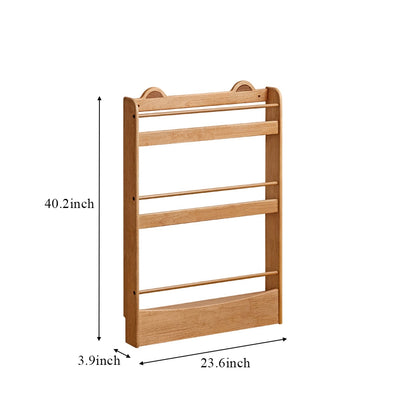 Dimensions of a 3-tier rubberwood bookshelf measuring 23.6 inches wide, 3.9 inches deep, and 40.2 inches high