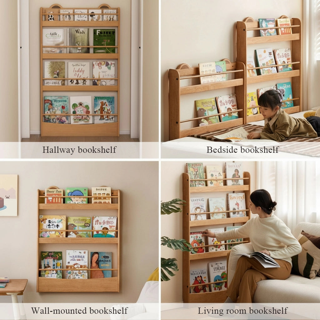 Four-panel layout demonstrating the bookshelf used in a hallway, by a bed, on a wall, and in a living room
