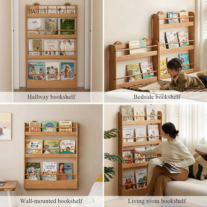 Four-panel layout demonstrating the bookshelf used in a hallway, by a bed, on a wall, and in a living room